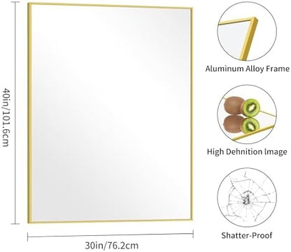COFENY 30x40In Gold Bathroom Mirror for Wall, Brushed Gold Rectangle Mirrors with Metal Frame, Bathroom Rectangular Mirror Modern Wall Mirror for Bedroom Living Room, Hangs Horizontal or Vertical