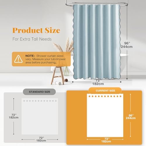 BTTN Extra Long Scalloped Linen Textured Shower Curtain, 72x96, Fog Blue