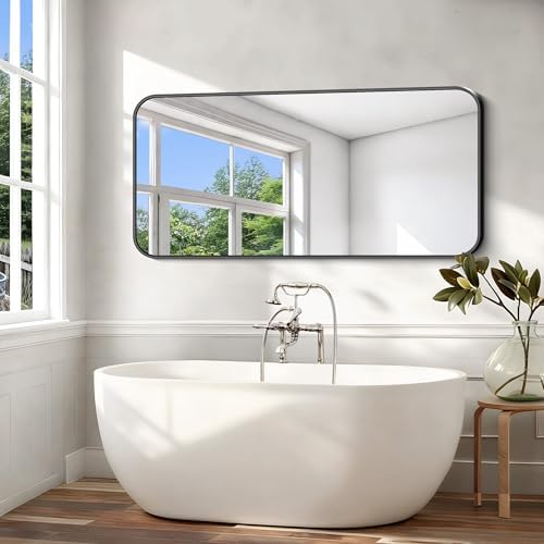 Black Bathroom Mirror, 66x30 inch Aluminum Metal Frame Rectangular Vanity Mirror, Large Wall Mounted Rectangle Mirrors with Rounded Corner for Over Sink Bedroom Living Room Horizontal/Vertical