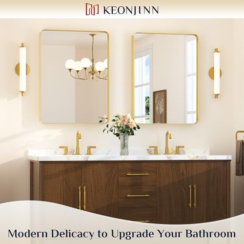 Keonjinn 24 x 32 Inch Brushed Gold Bathroom Vanity Mirror, Tempered Glass
