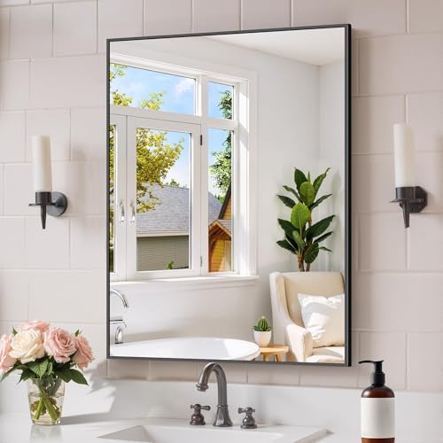 COFENY Black Bathroom Mirror for Wall, 24x32 Inch Rectangle Mirror with Metal Frame, Modern Vanity Mirrors for Bathroom Living Room, Entryway Hangs Horizontal or Vertical