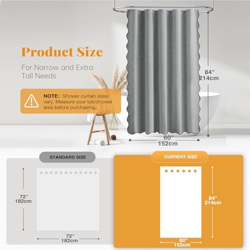 BTTN Boho Scalloped Linen Textured Cloth Shower Curtain, 60x84, Grey/Gray