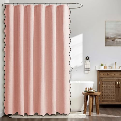 MIULEE Blush Pink Scalloped Linen Shower Curtain 72x72 Inches
