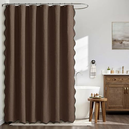 MIULEE Brown Extra Long Scalloped Linen Shower Curtain 72x80 Inches