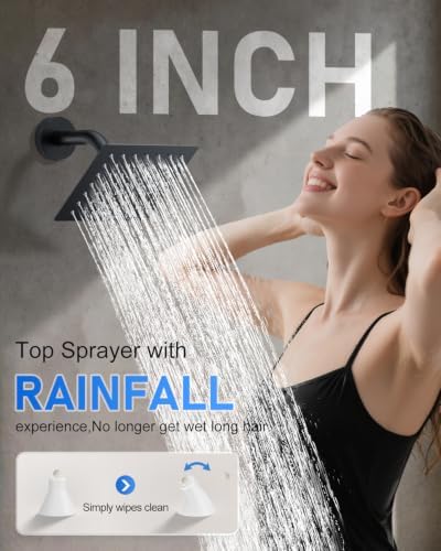 Woindo 4 Function Shower Faucet Set 12" Rain Shower Head/6'' Side Shower Head and 3 Setting Handheld Ceiling Mount Push Button Diverter Complete Rainfall Round Shower System Included Valve Trim Kit