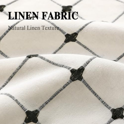 Farmhouse Shower Curtain Button Plaid-Cream-Black Stripe 72"W x 72"L