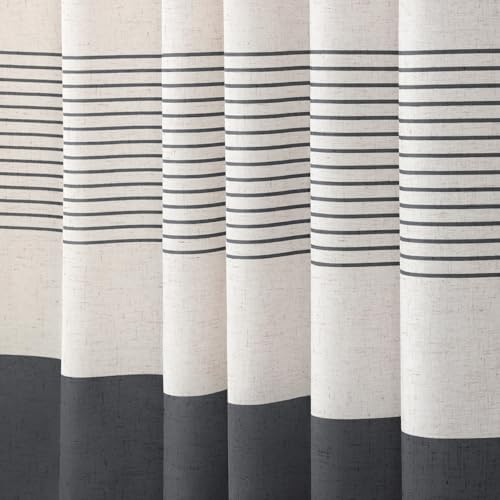 Dark Grey Boho Linen Striped Shower Curtain with Tassel 72"W X 72"L