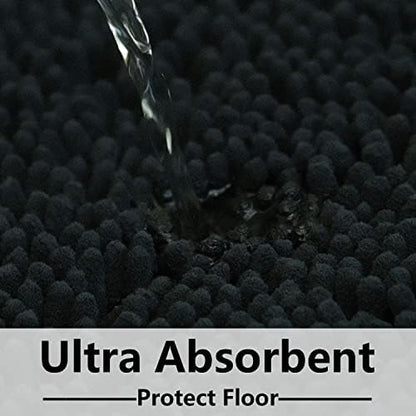 Black Bathroom Rug Chenille 3-Piece Extra Soft and Absorbent Shag Bathroom Rugs, Machine Wash Mat, Strong PVC Non-Slip Underside, Plush Carpet Mats (Black)
