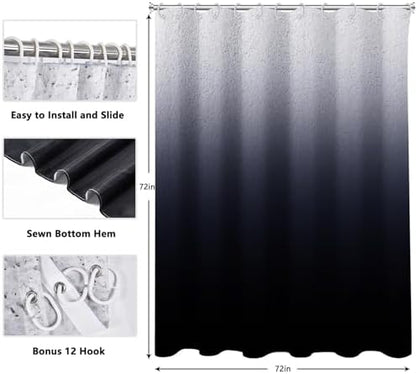 Black Ombre Diatomaceous Earth Shower Curtain Set, 72x72 Inch, Rustic Farmhouse Style for Bathroom