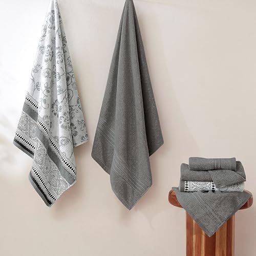 Modern Threads 6 Piece Bath Towel Set – Bathroom Set with 2 Bath Towels, 2 Hand Towels, and 2 Wash Cloths – 100% Cotton, Super Absorbent & Extra Soft – Reversible Floral Trail (Gray)