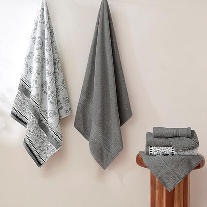 Modern Threads 6 Piece Bath Towel Set – Bathroom Set with 2 Bath Towels, 2 Hand Towels, and 2 Wash Cloths – 100% Cotton, Super Absorbent & Extra Soft – Reversible Floral Trail (Gray)