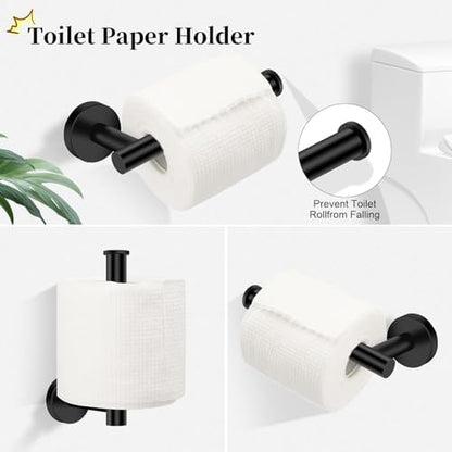 4 Piece Matte Black Stainless Steel Bathroom Hardware Set Include Hand Towel Ring, Toilet Paper Holder,and 2 Robe Towel Hooks,Bathroom Accessories Kit