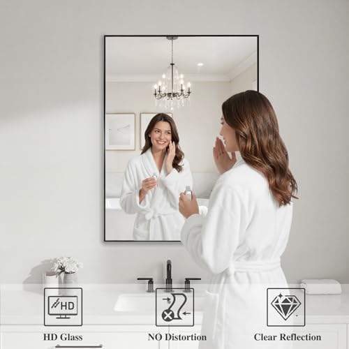 Koonmi Black Rectangle Wall Mirror, 24x32 Inch Bathroom Mirror, Aluminum Frame Vanity Mirror for Entryway, Living Room, Bedroom Bathroom, Hangs Horizontally or Vertically