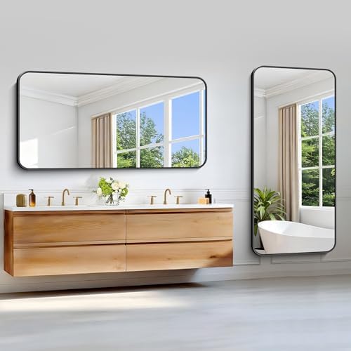 Black Bathroom Mirror, 66x30 inch Aluminum Metal Frame Rectangular Vanity Mirror, Large Wall Mounted Rectangle Mirrors with Rounded Corner for Over Sink Bedroom Living Room Horizontal/Vertical