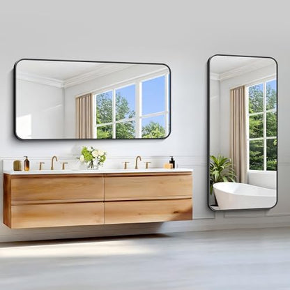 Black Bathroom Mirror, 66x30 inch Aluminum Metal Frame Rectangular Vanity Mirror, Large Wall Mounted Rectangle Mirrors with Rounded Corner for Over Sink Bedroom Living Room Horizontal/Vertical