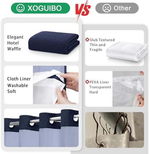 No Hook Shower Curtain with Liner Set Hotel Waffle Curtain Blue 72W X 75L