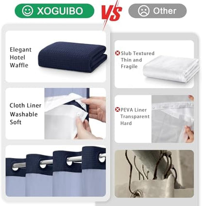 No Hook Shower Curtain with Liner Set Hotel Waffle Curtain Blue 72W X 75L