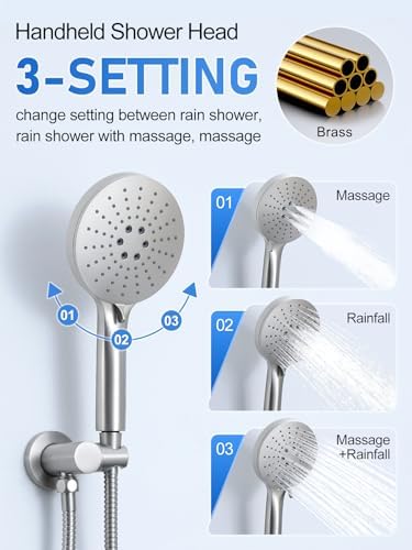 Woindo Shower Faucet Set 10" Rain Shower Head/8'' Side Shower Head and 3 Setting Handheld Ceiling Mount 3 Push Button Diverter Complete Rainfall Round Shower System Included Valve Trim Kit