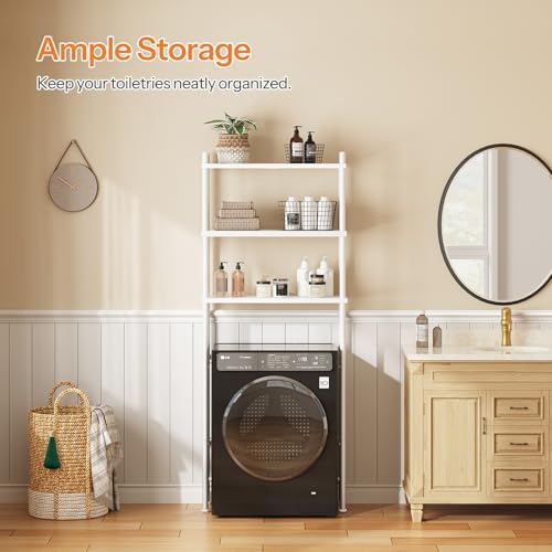 HOOBRO Over the Toilet Storage, 3-Tier Over Toilet Bathroom Organizer, Freestanding Above Toilet Shelf with Adjustable Feet, Space Saving, Easy Assembly, White WW63TS01