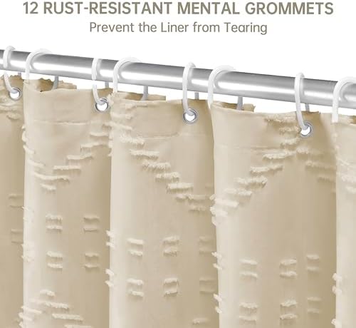 Siiluminisoy Extra Long Boho Farmhouse Shower Curtain Woven Fabric Beige 90 Inch Shower Curtain, 72 x 90 Tufted Chevron Textured Striped Modern Minimalist Cloth Shower Curtain for Bathroom