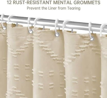 Siiluminisoy Extra Long Boho Farmhouse Shower Curtain Woven Fabric Beige 90 Inch Shower Curtain, 72 x 90 Tufted Chevron Textured Striped Modern Minimalist Cloth Shower Curtain for Bathroom