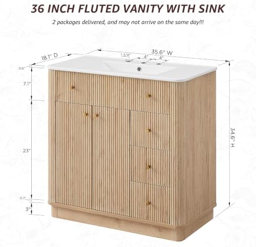 T4TREAM 36" Fluted Bathroom Vanity with Single Sink, Natural Oak
