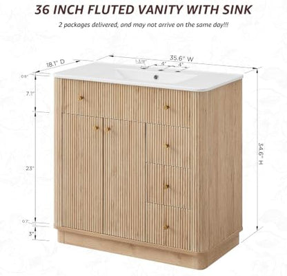T4TREAM 36" Fluted Bathroom Vanity with Single Sink, Natural Oak