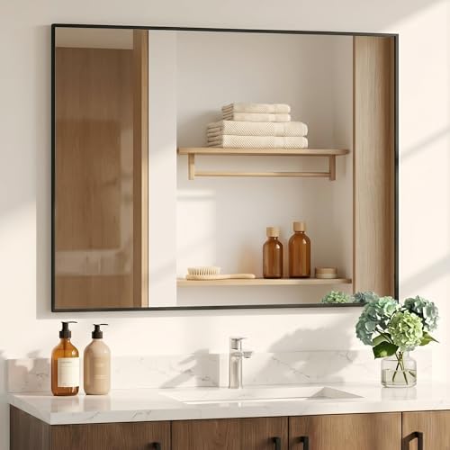48"x36" Matte Black Large Framed Bathroom Vanity Wall Mirror