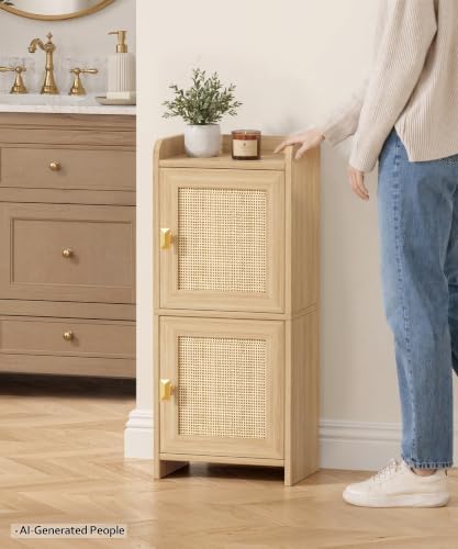 Akxomel Rattan Small Bathroom Cabinet Narrow Toilet Paper Organizer Oak