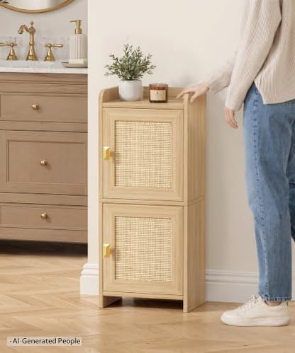 Akxomel Rattan Small Bathroom Cabinet Narrow Toilet Paper Organizer Oak