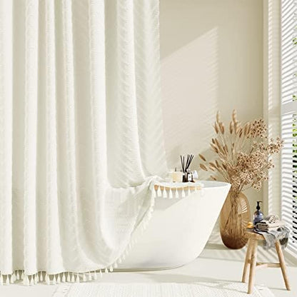 Dynamene Boho Farmhouse Fabric Shower Curtain Tufted Chevron 72"x72" Cream