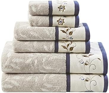 Madison Park Serene 100% Cotton Bath Towel Set Luxurious Floral Decorative Towels for Bathroom Embroidered Cotton Jacquard Design Soft Highly Absorbent for Shower 600 GSM, Multi-Sizes, Navy 6 Piece