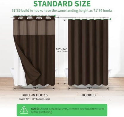 eachope No Hook Linen Texture Shower Curtain with Snap-in Liner,71x86 Brown