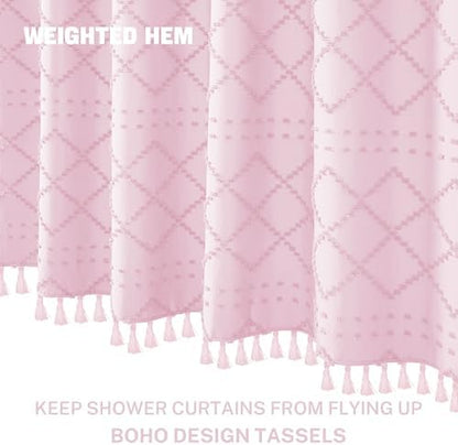 Siiluminisoy Boho Shower Curtain Pink Woven Fabric Cute Shower Curtain, 72 x 72 Tufted Chevron Textured Striped Modern Farmhouse Minimalist Cloth Shower Curtains for Bathroom