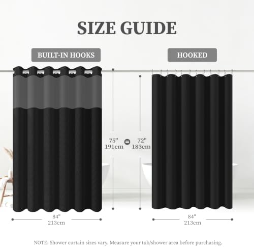 BTTN 84x75 Ringless Linen Textured Shower Curtain with Snap in Liner, Black