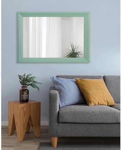 AAZZKANG Wood Framed Mirror Rectangle Modern Farmhouse Wall Mirrors Decor Large 28"x20" for Bedroom Living Room Bathroom Dressing Room Green