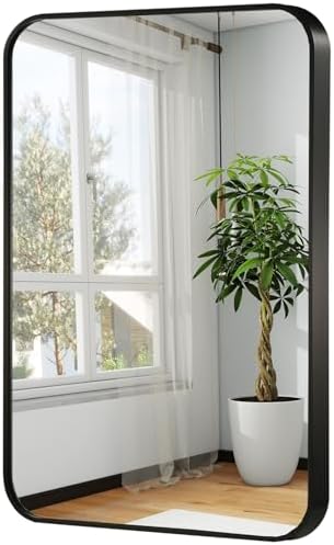22x30 Inch Black Wall Mirror for Bathroom, Brushed Metal Framed Mirror with Rounded Corner, Rectangle Bathroom Vanity Mirror for Bedroom or Living Room, Horizontal/Vertical