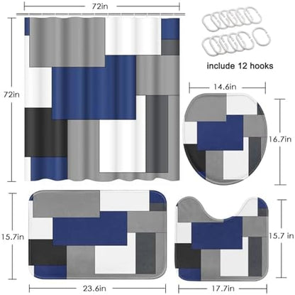 Bathroom Sets with Shower Curtain and Rugs, 4 Pcs, Geometric Navy