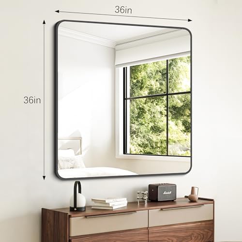 FORBATH Bathroom Mirror 36" x 36"，Large Square Wall Mirror with Black Aluminum Frame Rounded Corner, Wall Mounted Mirror for Bathroom Bedroom Entryway Living Room