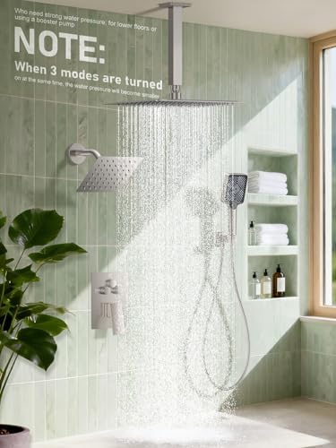 Woindo Shower Faucet Set, 10" Ceiling Mount Rainfall Shower System with 2 Rain Shower Head and Multi-function Handheld Head Push Button Diverter Shower Faucet Trim Kit