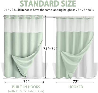 No Hook Shower Curtain with Liner Set Hotel Waffle Mint Green 72W X 75L