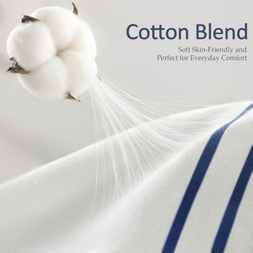 Navy Blue Coastal Ocean Cotton Striped Shower Curtain with Tassel 60W X 72L