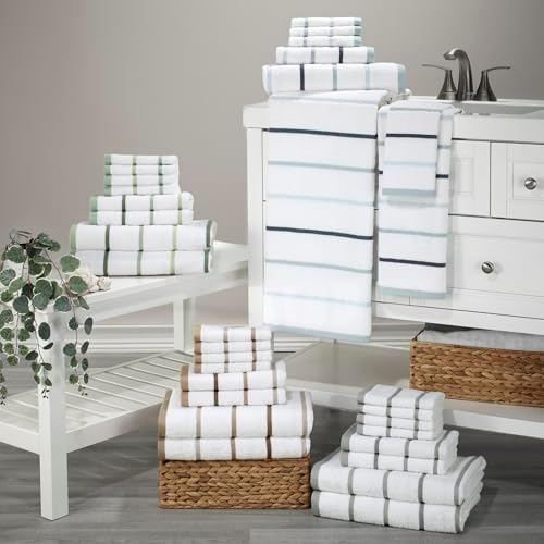 IZOD – Washcloths, Plush Ringspun Cotton Blend Towels with Absorbent Terry & Durable Hem, Striped Bathroom Towels, Set of 4 (Sandbar Linen)
