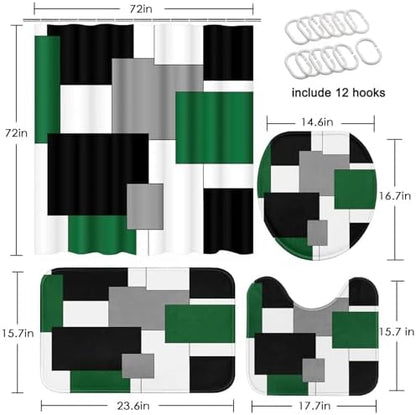 Bathroom Sets with Shower Curtain and Rugs, 4 Pcs, Geometric Green