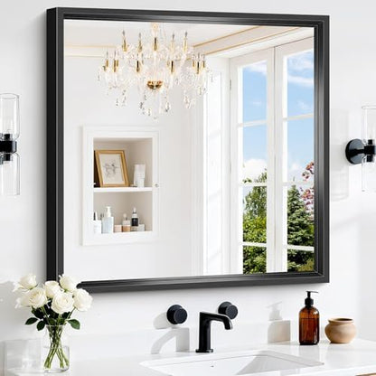 Bathroom Mirror, 30 x 30 inch Brushed Black Square Mirrors for Wall, 0.6" Thickened Deep Frame Rectangle Mirrors for Over Sink, Shatterproof Tempered Glass, Antirust, Horizontally or Vertically