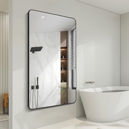 FORBATH Large Bathroom Mirror 36 x 55 Inches，Black Large Wall Mirror Aluminum Frame Wall Mounted Rounded Corner Morndern Mirror for Bathroom Bedroom Entryway Living Room