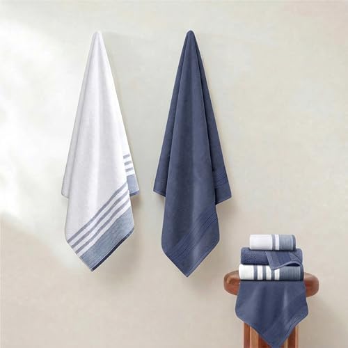 Modern Threads 6 Piece Bath Towel Set – Bathroom Towel Set with 2 Bath Towels, 2 Hand Towels & 2 Washcloths – 100% Cotton, Soft & Absorbent – Classic Border Stripe (Blue)
