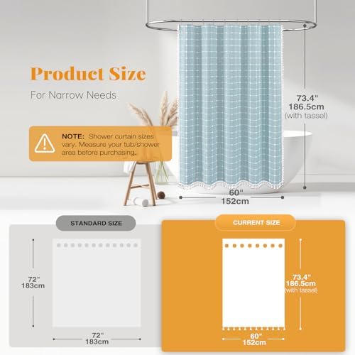 BTTN 60x72 Boho Farmhouse Linen Heavy Duty Shower Curtain Set, Fog Blue