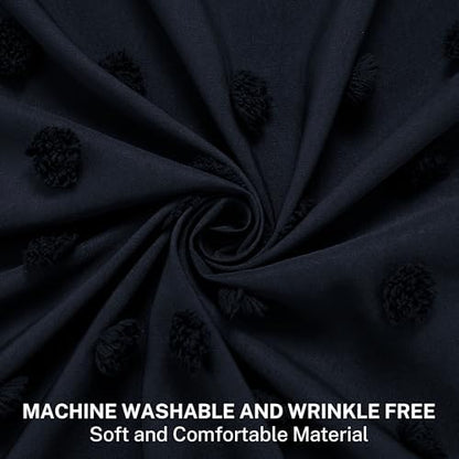Siiluminisoy Boho Navy Blue Shower Curtain Woven Fabric Shower Curtain, 72 x 72 Tufted Pleat Floral Puffs Textured Modern Minimalist Shower Curtain Set with Hooks for Bathroom