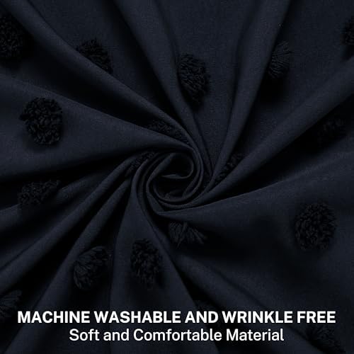 Siiluminisoy Extra Long Boho Shower Curtain Woven Fabric Navy Blue Shower Curtain, 72 x 78 Tufted Pleat Floral Puffs Textured Modern Minimalist Shower Curtain Set with Hooks for Bathroom